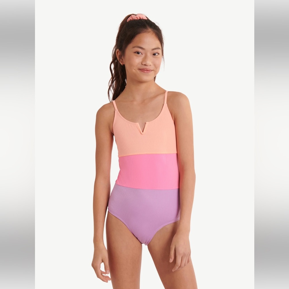 Justice Peach, purple and Pink ribbed Colorblock Swimsuit